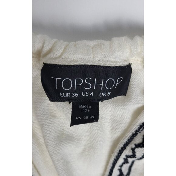 Topshop White Black Tassel Hem Top With Embroidery Design Size 4 - Picture 10 of 10